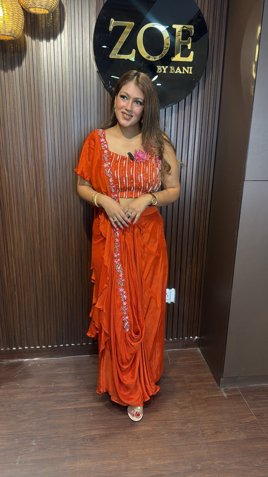 Rust indowestern drape outfit