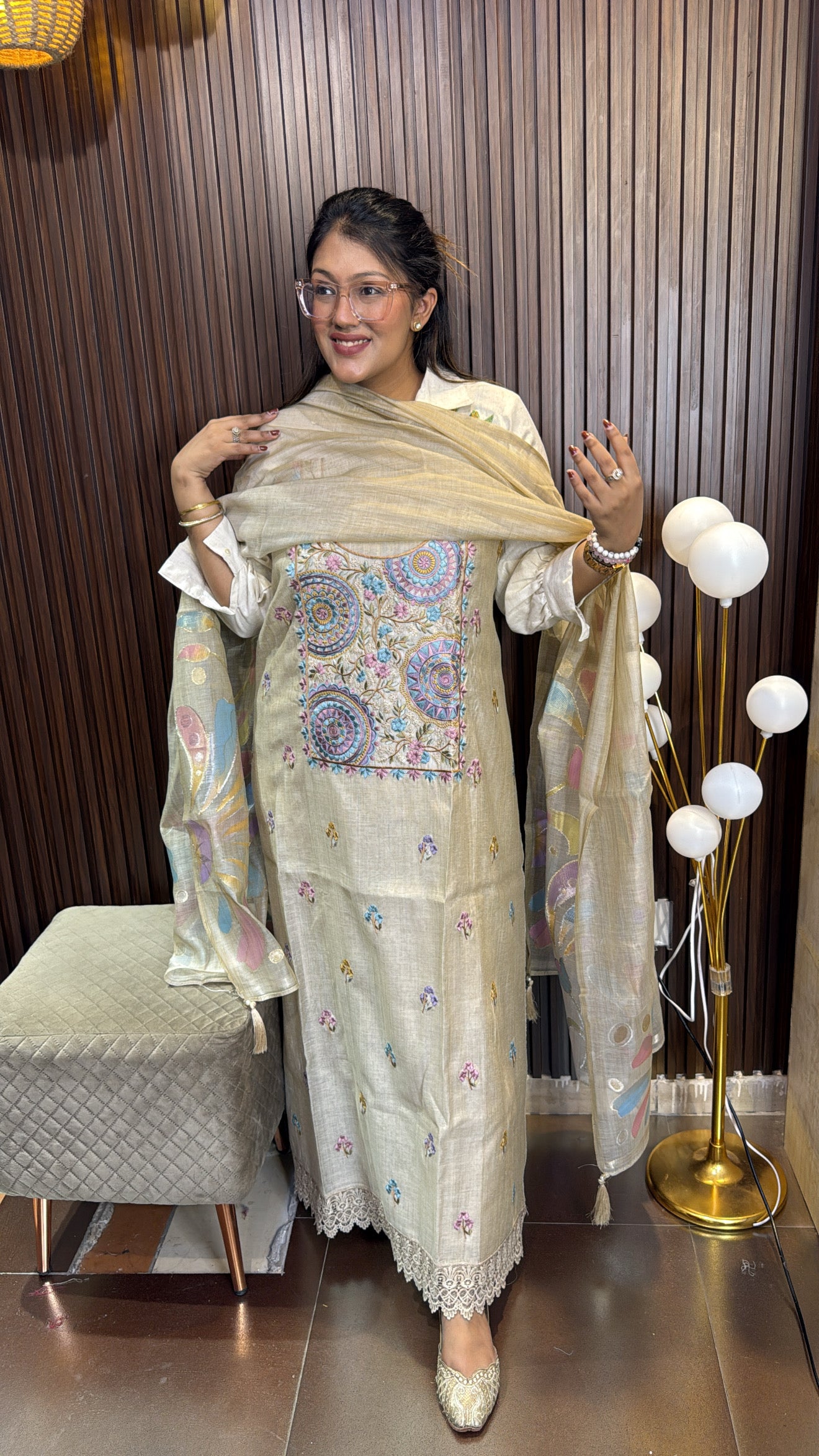 UNSTITCHED SUIT- Beige multicolour